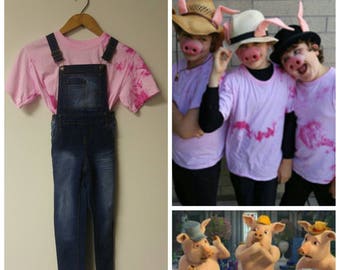 Upcycled Shrek the Musical Three Little Pigs Costumes, Camiseta Rosa, Denim Overalls, Sombrero con orejas de fieltro rosa, Nariz de cerdo, Tamaño de la juventud 7