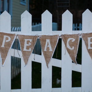 Upcycled PEACE Burlap Banner White with White Felt Backing Rustic Christmas Bunting Eco-Friendly Home Decor image 1