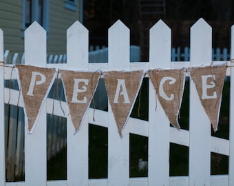 Upcycled PEACE Burlap Banner (White with White Felt Backing) Rustic Christmas Bunting Eco-Friendly Home Decor