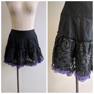 Upcycled Steampunk Clothing,  Remade Vintage Black Lace Skirt, Purple Lace Trim, Ladies Small