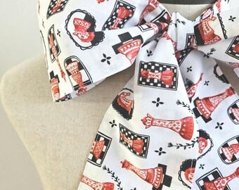 Upcycled Steampunk Clothing, Mad Hatter Bow Tie, Black, White, Red Chess Print Bow Tie Alice in Wonderland, Tim Burton Bowtie, Neck Tie
