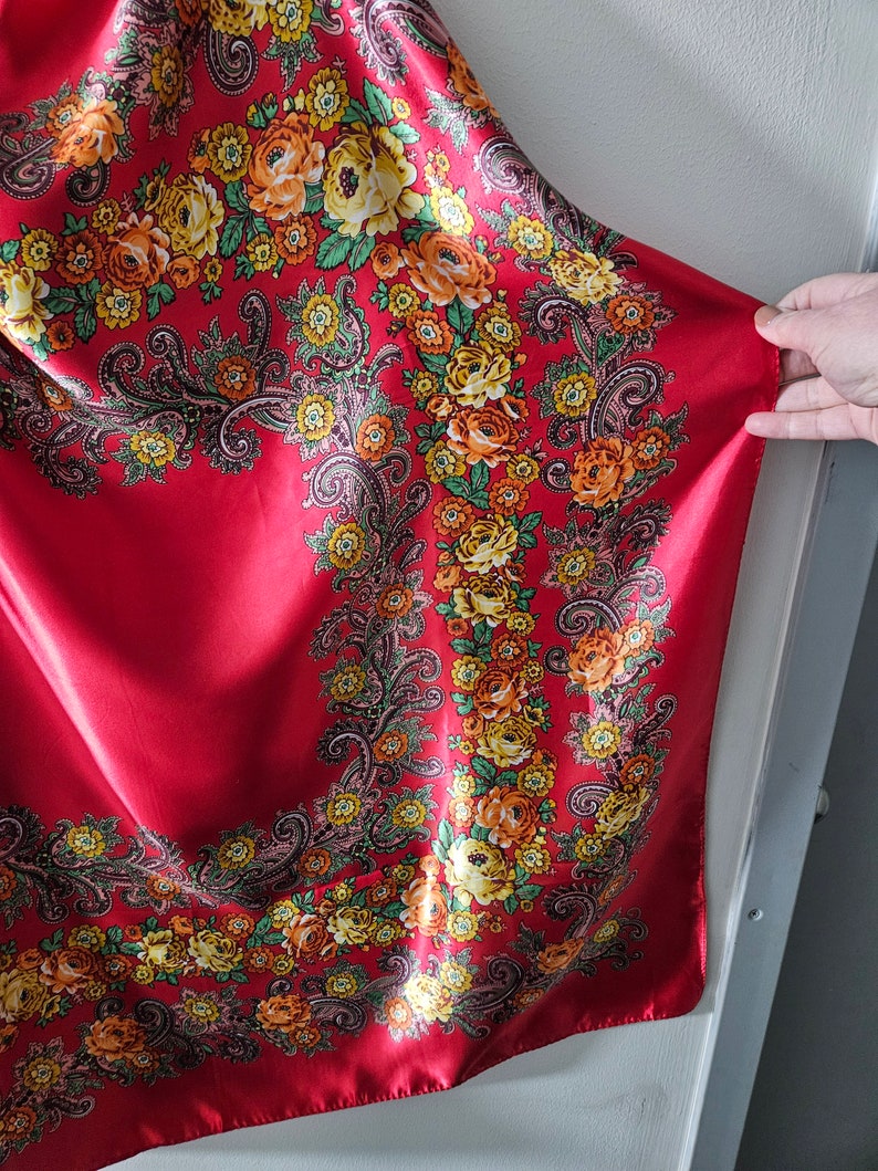 Vintage Scarf, 1960's, Red Rose Print Satin Scarf, Vintage Ladies Kerchief Scarf, 100% Polyester 36x36 inches image 3