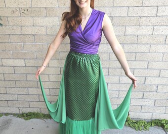 Upcycled Mermaid Costume, Green Mermaid Skirt, Lycra, Tulle and Chiffon Mermaid Skirt, Ariel Mermaid Skirt and Purple Lycra Top, Adult Size