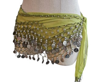 Vintage Belly Dance Jingle Belt, Lime Green Hip Scarf Wrap Belt Tribal Sash Skirt,  Coin Belt Bohemian Dance Accessory Lime Green Sash Skirt