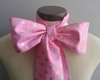 Upcycled Steampunk Clothing, Mad Hatter Bow Tie- Alice in Wonderland Pink with Silver Polka Dot Neck Tie, Handmade Bow Tie