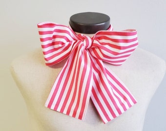 Upcycled Clothing Mad Hatter Bow Tie, Alice in Wonderland, Coral Pink and White Striped Cotton Print Costume Accessory