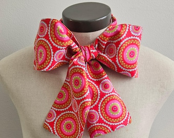 Upcycled Steampunk Clothing, Mad Hatter Bow Tie - Alice in Wonderland (Red, Hot Pink, Lime Green and Pale Blue Print) Handmade Bow Tie