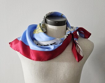 Vintage Scarf, 1990's, Red and Light Blue Yokohama Print Scarf, Vintage Ladies Kerchief Scarf, 100% Silk 31x31 inches