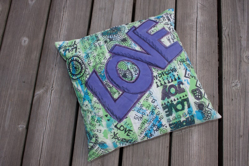 Upcycled Graffiti Art Pillow LOVE White Cotton Hand painted | Etsy