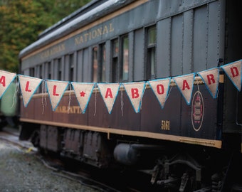 Upcycled ALL ABOARD Burlap Banner (Red with Turquoise Blue Felt Backing) - Eco Friendly Home Decor for Train Enthusiast