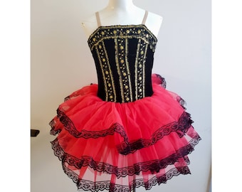 Vintage Dance Costume, Vintage Ballet Tutu, Red Tulle Skirt, Black and Gold Stretch Velvet Leotard Bodysuit, Youth Size Large