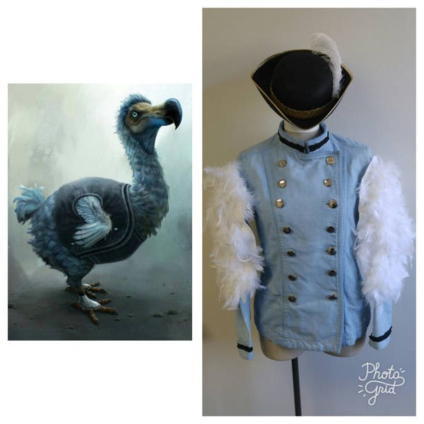 Upcycled Steampunk Clothing, Custom Dodo Bird Costume, Alice in Wonderland, Military Blue and White Bird Costume with Black Tri-Cornered Hat