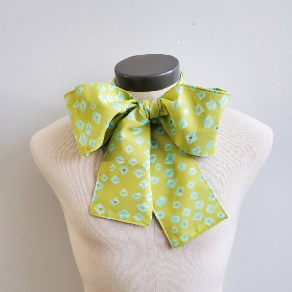 Upcycled Steampunk Clothing, Mad Hatter Bow Tie- Alice in Wonderland (Lime Green Cotton Batik Print) Neck Tie, March Hare Handmade Bow Tie