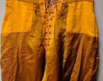 Vintage Clothing, Vintage Golden Yellow Satin Pants, Yellow Sari Pants, Lace up Front Fly, Zipper Closure at Back Waist, Youth Size