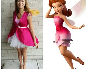 Upcycled Peter Pan Costume, Custom Rosetta Fairy Costume (Pink Dress, Top, Tutu and Wings) Youth Size 8, 10 or 12