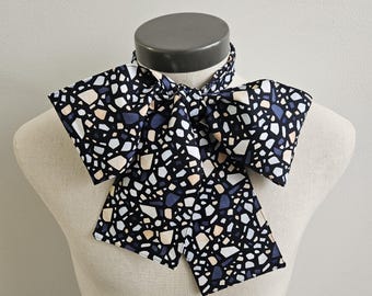Upcycled Steampunk Clothing, Mad Hatter Bow Tie, Black, White, Cream Graphic Print Bow Tie, Alice in Wonderland, Tim Burton Bowtie, Neck Tie