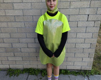 Upcycled Turtle Costume, Under the Sea, Green Turtle Shell, Lycra Hood and Yellow T-Shirt, Mermaid Musical Theatre, Youth Size