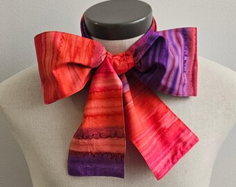 Upcycled Steampunk Clothing, Mad Hatter Bow Tie - Alice in Wonderland (Red, Hot Pink, and Purple Print) Handmade Bow Tie