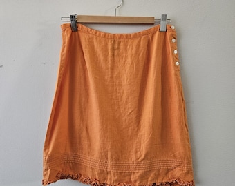 Vintage Clothing, Ladies Orange Linen Skirt, 100% Linen, Buttons at Side, Length 19 inches, Ruffle Detail at Hem, Gap Brand, Ladies Size 6