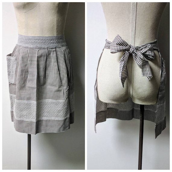 Vintage Brown Apron, Brown and White Gingham Vinta