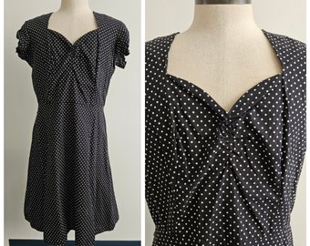 Vintage Clothing, 1950s Style Dress, Black and White Polka Dot Dress, Cap Sleeves Zip Back,  A-Line Skirt, Sweatheart Neckline, Ladies XL