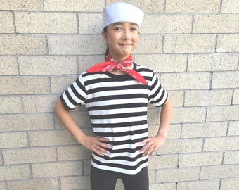 Upcycled Sailor Costume, White Hat, Black and White Striped Crew Neck Shirt, Red Bandana, Youth Size