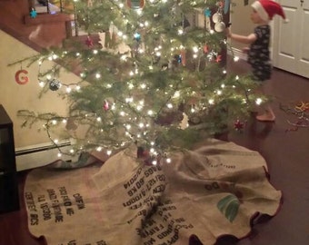 Upcycled Burlap Christmas Tree Skirt 5 foot, 60 inch diameter, with red bias tape binding, Eco Friendly Home Decor