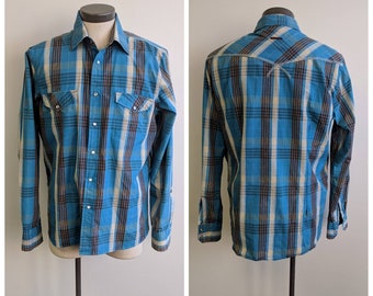 Vintage Clothing, Mens Blue Plaid Cotton Shirt, Turquoise Blue and Brown Vintage Snap Front Cotton Blend Shirt, Slim Fit Mens Size XL