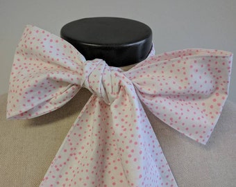 Upcycled Steampunk Clothing, Mad Hatter Bow Tie- Alice in Wonderland White with Pink Polka Dot Printed Cotton Neck Tie, Handmade Bow Tie