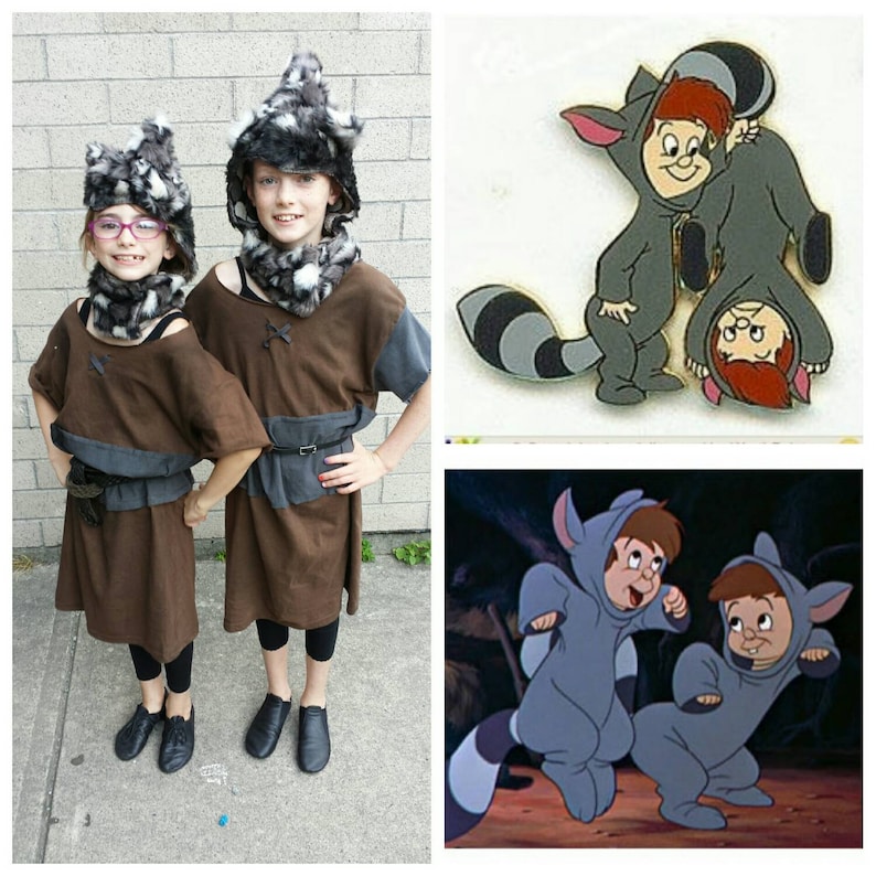 May include: Two children dressed as raccoon characters from the Disney movie The Rescuers Down Under. The children are wearing brown tunics with grey accents, black leggings, and furry raccoon hats.