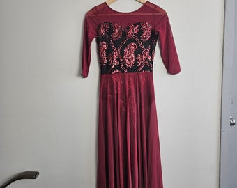 Vintage Dance Costume, Red Sequined Lycra Dance Costume, Red and Black Sequin Lycra Bodysuit with Attached Skirt, Long Sleeved Adult Small