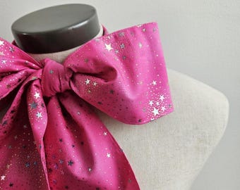 Upcycled Steampunk Clothing, Mad Hatter Bow Tie- Alice in Wonderland Hot Pink Cotton Print Silver Star Print Neck Tie, Handmade Bow Tie