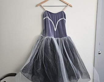 Vintage Dance Costume, Vintage Silver Grey Dance Costume, Grey Velvet Leotard Body Suit with Tulle Skirt Dance Costume, Youth Size XL