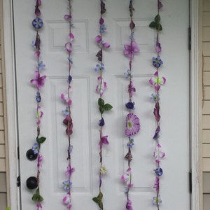 Upcycled Leaves Garland Doorway Curtain Purple Flowers Handmade Leave Backdrop Wedding Graduation Birthday Handmade Green Recycled image 2