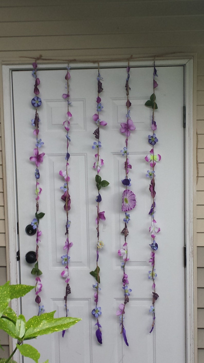 Upcycled Leaves Garland Doorway Curtain Purple Flowers Handmade Leave Backdrop Wedding Graduation Birthday Handmade Green Recycled image 2