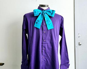 Upcycled Steampunk Clothing, Joker Costume Purple Button-up Shirt and Turquoise Handmade Cotton Bow Tie, Mens Size XL