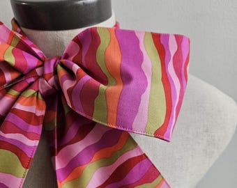 Upcycled Steampunk Clothing, Mad Hatter Bow Tie- Alice in Wonderland Hot Pink Lime, Orange Striped Cotton Print Neck Tie, Handmade Bow Tie