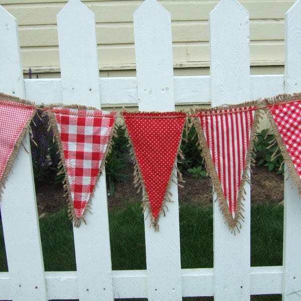 Upcycled Red and White Country Banner (red and white fabric stitched onto burlap) - Eco-Friendly Wedding and Event Decor