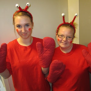 Upcycled Clothing Lobster Costume Alice in Wonderland, Red T-Shirt, Headpiece with Eyes and Red Mitts, Youth Size image 4