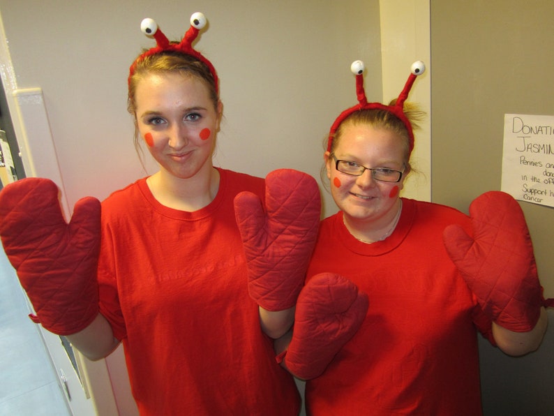 Upcycled Clothing Lobster Costume Alice in Wonderland, Red T-Shirt, Headpiece with Eyes and Red Mitts, Youth Size image 4