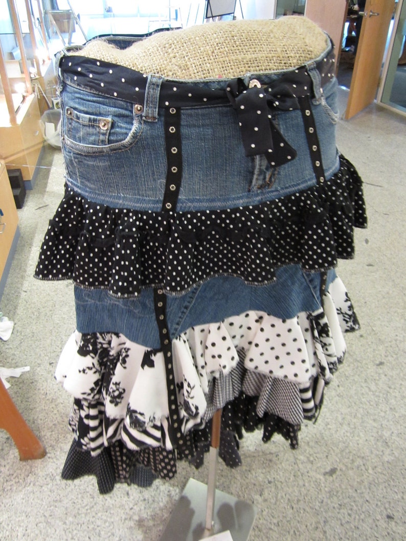 Upcycled Flamenco Skirt, Day of the Dead Lolita Sugar Skull Steampunk Clothing Blue Denim, Black and White Polka Dots and Prints image 3