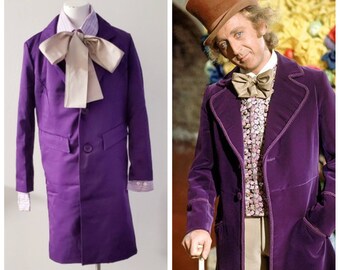 Upcycled Willy Wonka Costume Gene Wilder Charlie and the Chocolate Factory Purple Jacket, Lilac Button-up Shirt, Beige Bow Tie Youth Size M