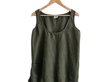 Vintage Green Linen Tank Top, Olive Green Linen Shirt 100% Linen, Pleated Detail at Side Seam, Click Brand, Ladies Size M