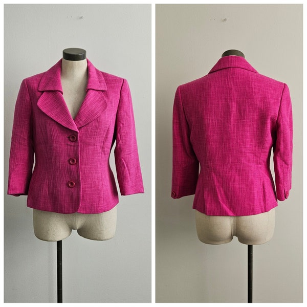 Vintage Clothing, Vintage Ladies Jacket Hot Pink Tweed Blazer, Vintage Precis Petite Brand, Fitted Hot Pink Tweed Jacket Ladies Size 10
