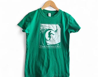 Vintage Clothing, Vintage T-Shirt, The Ministry Graphic T-Shirt, Short Sleeved Green T-Shirt, 100% Cotton Ladies Size Medium