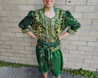 Upcycled Costume, Green Omar Character Costume, Pants, T-Shirt, Jacket, Sash, Hat, Aladdin Theatre Production, Youth Size