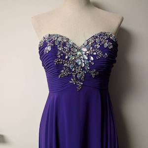 Vintage Clothing, Purple Prom Dress Beaded Chiffon Strapless Gown, Royal Purple Vintage Prom Dress Full Length, Ladies Size Small