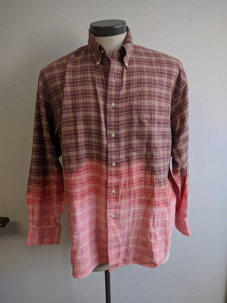 Shabby Chic Reclaimed Button-up Shirt Grunge Shirt Men/'s Large #150 Upcycled Clothing Brown Bleach Dyed Dip Dyed Brown Plaid Shirt