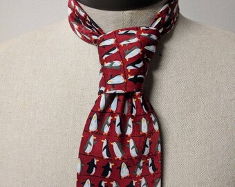 Vintage Accessories, Red Novelty Necktie, Dark Red and White Penguin Print Neck Tie