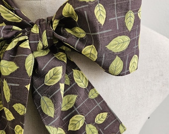 Upcycled Steampunk Clothing, Mad Hatter Bow Tie- Alice in Wonderland (Brown and Lime Green Leaves Print) Cotton Neck Tie, Handmade Bow Tie